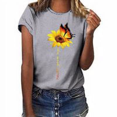 Blouse Été Manches Courtes T-shirt Tournesol Imprimé Femmes Col Rond Imprimé Rond Été Short Cou Top, Gris Clair, M
