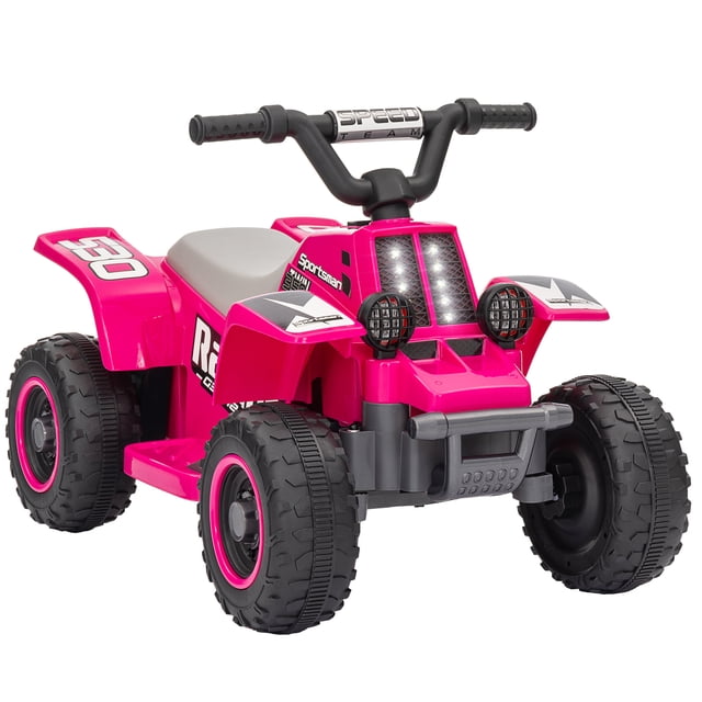 Qaba 6V Kids ATV Quad, 4 Wheeler Electric Ride on Car in pink, a powered ride-on toy with durable black wheels, LED headlights, and a sturdy plastic and steel frame. Designed for toddlers aged 18-36 months, it offers forward and reverse movement at a safe speed of 1.9 mph (3 km/h). Suitable for use on asphalt, brick, and cement surfaces.