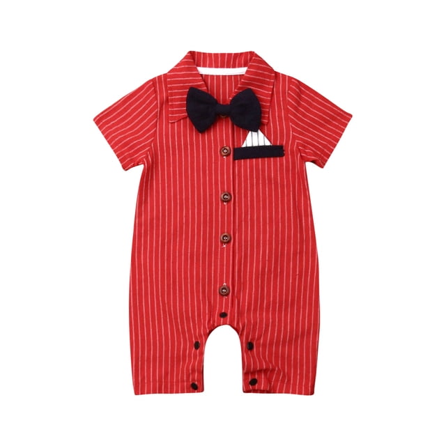 Newborn Baby Boy Gentleman Short Sleeve Button Down Bow Tie Striped Romper
