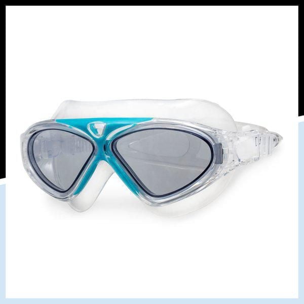 Dolfino Pro Axis Adult Watersport Goggle in turquoise and silver with a 180° panoramic tinted, anti-fog lens offering UV protection, soft silicone eye cups, and an adjustable silicone head strap for a comfortable, custom fit during swimming and water sports.