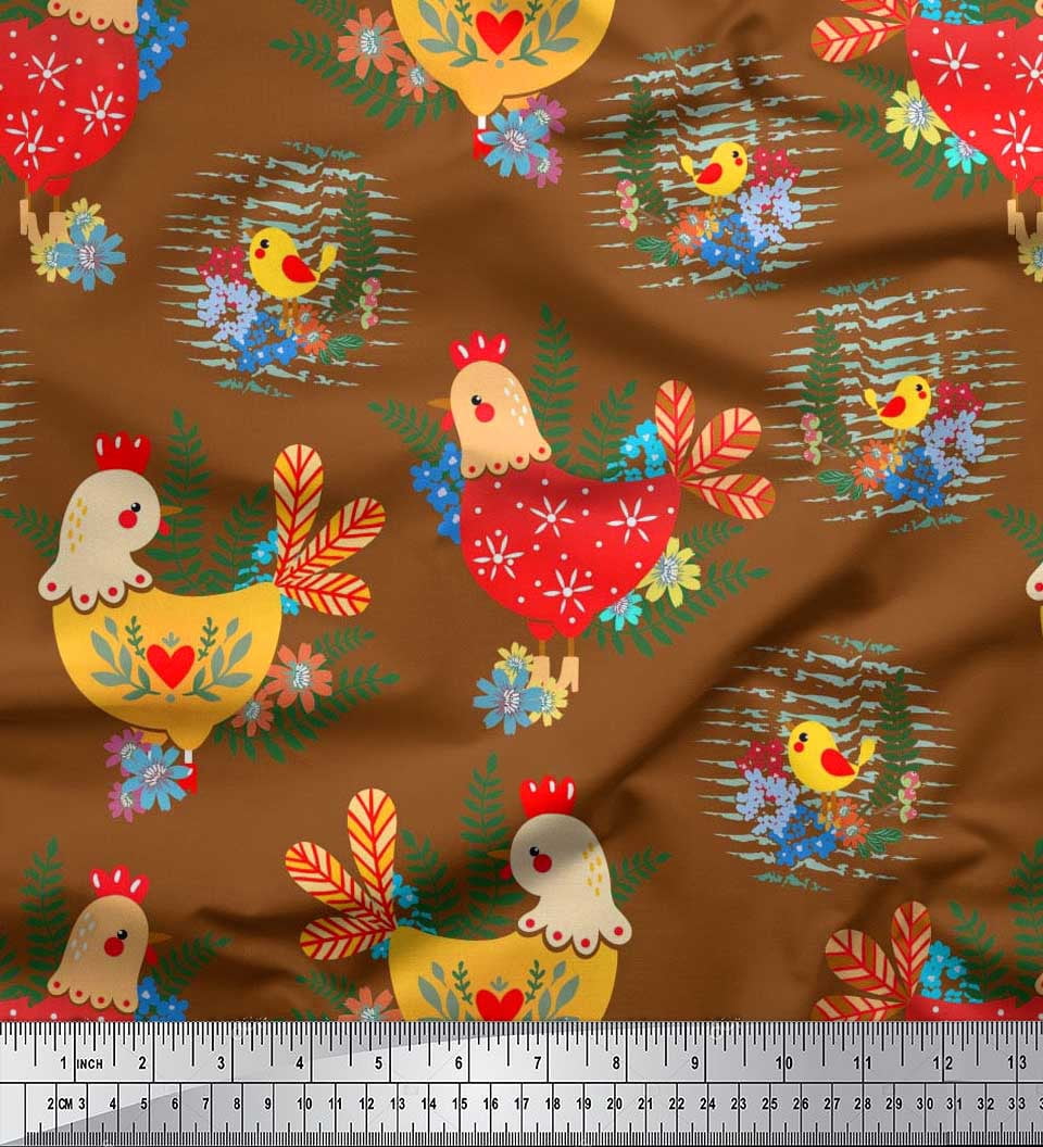 Soimoi Rayon Crepe Fabric Floral,Chick & Cock Cartoon Print Sewing Fabric Yard 46 Inch Wide
