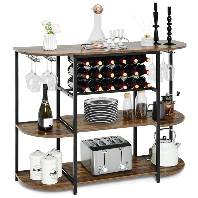 Gymax Vin Rack Table Café Bar Cabinet Freestanding Alcool Stand Porte-verre Rustique
