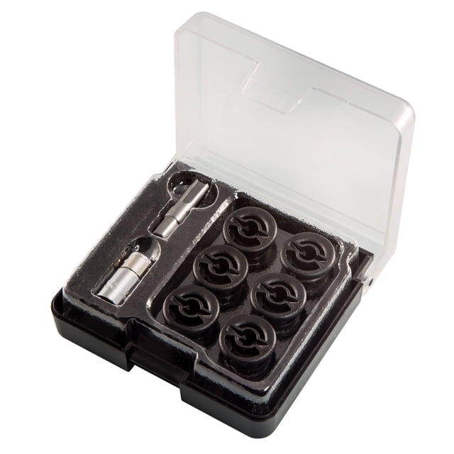 9 Circle 9CL-60680 Ensemble de Bouchon de Drain en Nylon et d'Outils pour Audi/VW, Incluant six Bouchons de Drain en Nylon Noirs et Deux Outils Métalliques dans un Boîtier en Plastique durable avec Couvercle transparent. Idéal pour les Outils de Vidange d'Huile Utilisés sur les Modèles Audi et VW Récents.