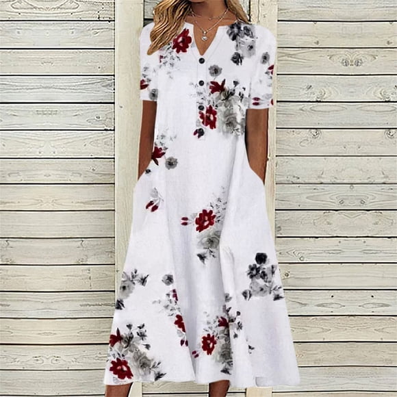 CHOK Womens Summer Dresses Button Up with Pockets Plus Size Boho Casual Long Maxi Dress Floral Print Short Sleeve V Neck Below The Knee Length Swing A-Line House Loose Sun Dresses