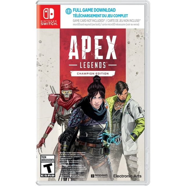 Apex Champions Edition (Code In Box) (Nintendo Switch) game cover featuring three Apex Legends characters in futuristic outfits against a red gradient background, with Nintendo Switch logo, full game download notice, ESRB Teen rating, and Electronic Arts branding.