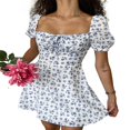 thumbnail image 3 of Femmes Floral Puff Sleeve Mini Robe Cordon Ruché Carré Cou une Ligne d'Été Robe Courte, 3 of 4