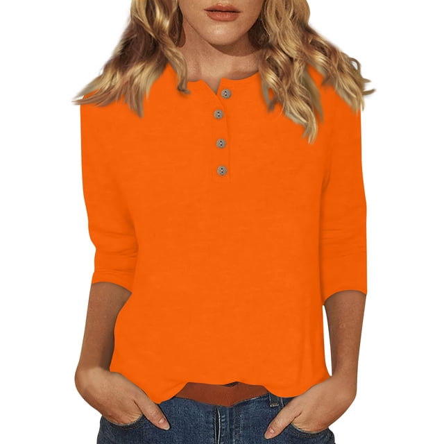 DENGDENG Womens Tops 3/4 Sleeve Elbow Summer T Shirts Crew Neck Casual Button Down Shirts Solid Color Three Quarter Length Tunic Tops Petite Plus Size Clothes Orange L