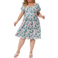 thumbnail image 1 of GRACE & GRANDEUR Robe Midi d'Été Plissée à Fleurs à Manches Courtes à Col Rond pour Femme Grande Taille3X Rose Vert, 1 of 6