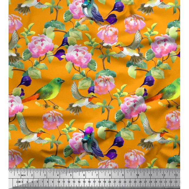 Soimoi Rayon Fabric Leaves,Floral & Hummingbird Bird Printed Fabric 1 Yard 42 Inch Wide