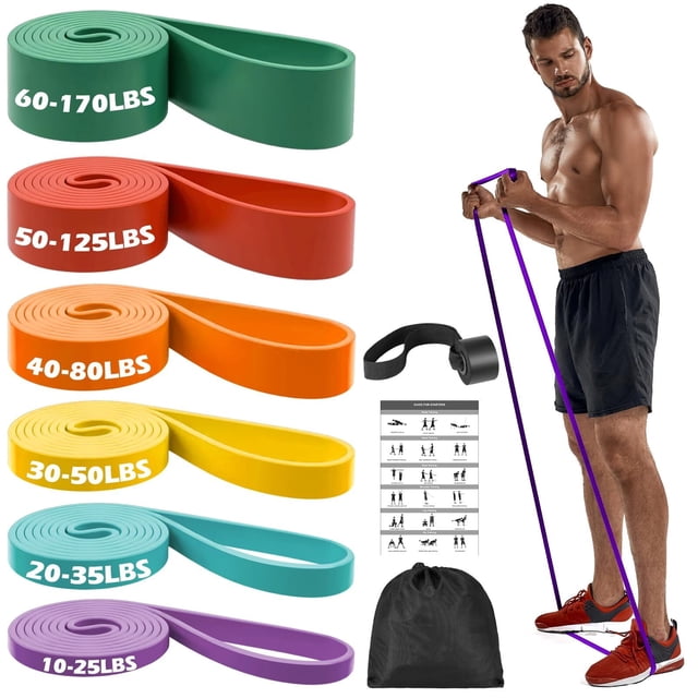 Zacro Pull Up Assist Bands Set of 6, resistance bands for strength training and body stretching, available in six colours and resistance levels: purple (15-25 lbs), cyan (20-35 lbs), yellow (30-50 lbs), orange (40-80 lbs), red (50-125 lbs), and green (60-170 lbs). Made of 100% natural latex, these durable workout bands are ideal for powerlifting, yoga, physical therapy, and resistance training. Includes a black storage bag, instructional guide, and a man demonstrating a workout with the purple band.