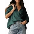 thumbnail image 2 of Blouse Décontractée Habillée pour Femmes Manches Courtes Col en V Chemise de Travail Verte P, 2 of 8