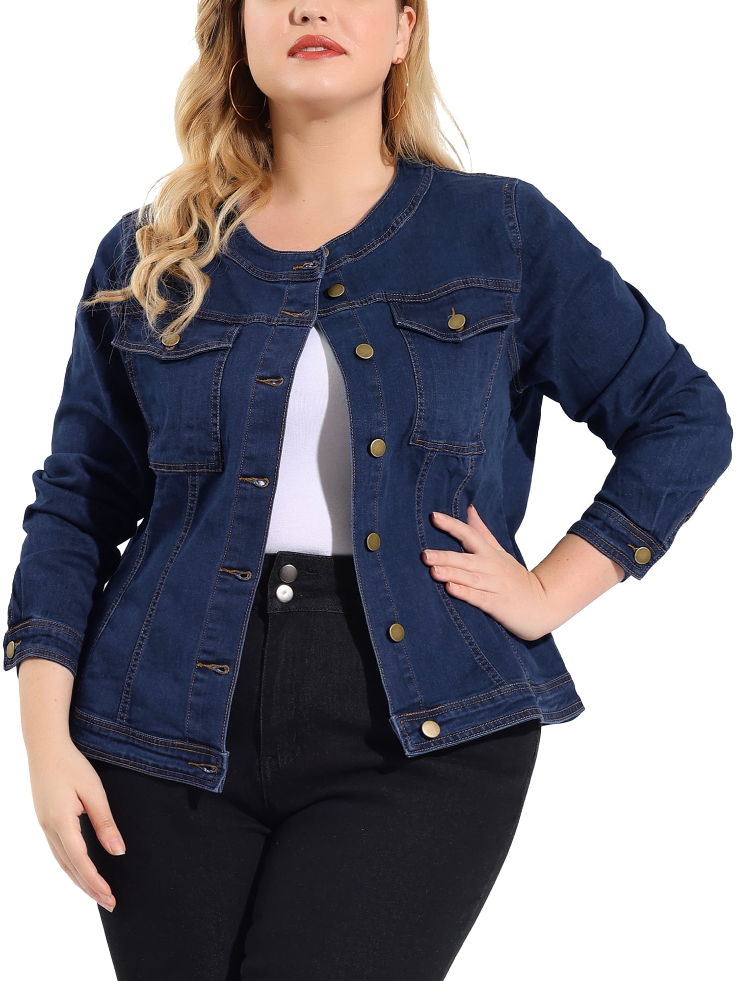 GRACE & GRANDEUR Manteau de Voiture Sans Col à Manches Longues pour Femme Grande Taille Veste en Denim 5X Bleu