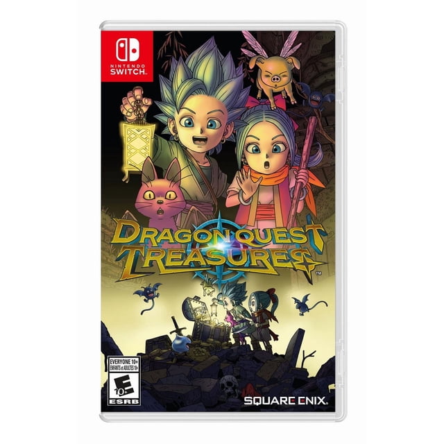 Dragon Quest Treasures Nintendo Switch game cover Mettant en Vedette Deux Personnages Tenant une Lanterne Lumineuse et un Bâton, Entourés de Créatures Fantastiques Incluant un Chat Rose, un Cochon et de Petites Chauves-Souris, avec un Coffre au Trésor Lumineux parmi les Ruines sous le logo du Titre.