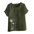 thumbnail image 4 of LMKIHUSA Short Sleeve Linen Shirts for Women Petite Crew Neck Buttons Tops Boho Floral Print Tunic Tees Casual Fashion Summer 2025 Blouses Army Green,XXL, 4 of 4