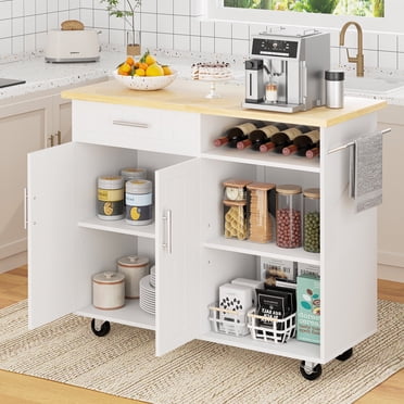 Walsunny 42" Kitchen Island Cart with Storage,Rolling Kitchen Island Side Table on Wheels with Large Worktop,Storage Cabinet,Towel Rack and Drawers,White