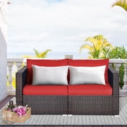 Costway  2PCS Patio Rattan Corner Sofa Sectional Furniture Set Red Cushion
