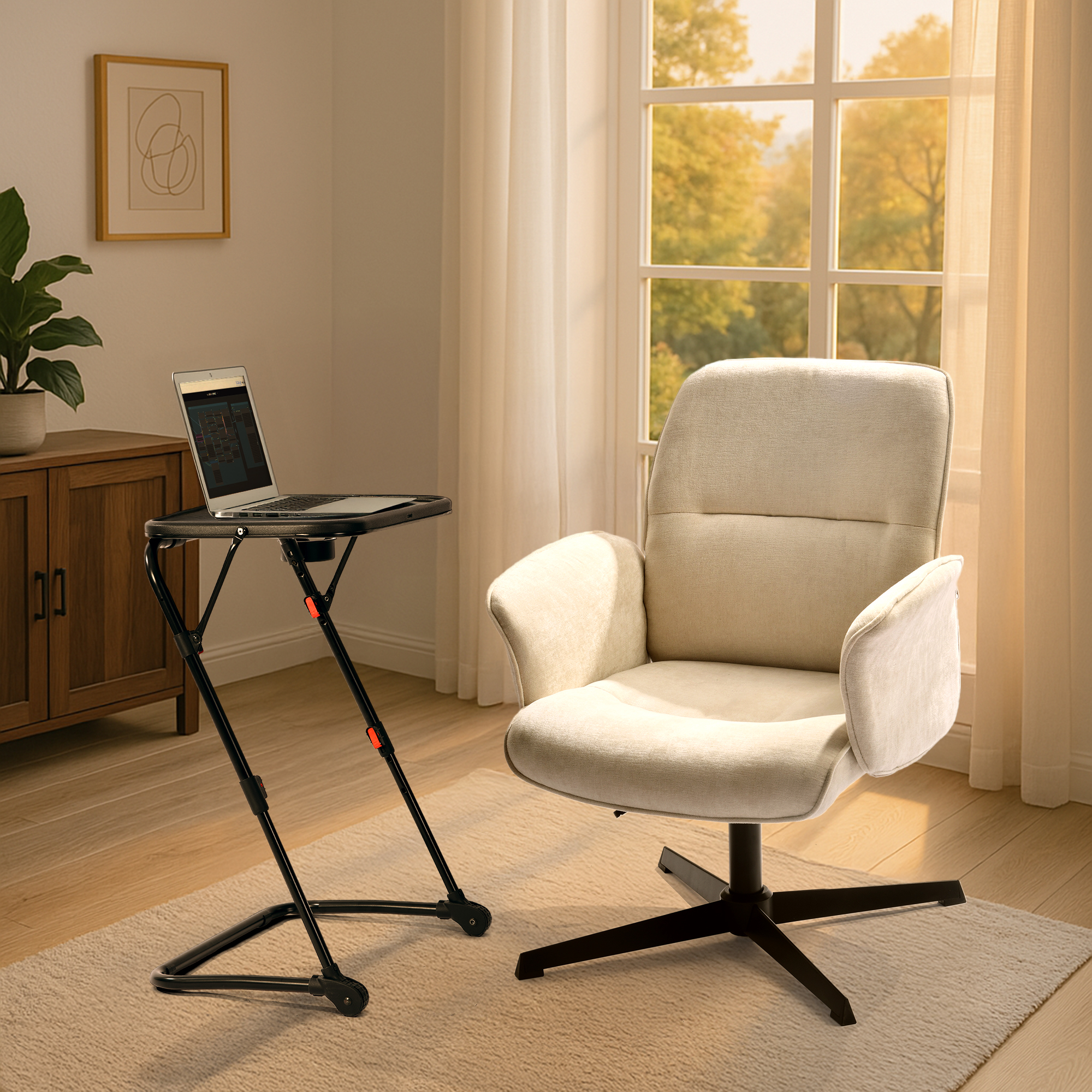Bureau d'ordinateur pliable compact Homy Casa avec porte-gobelet et hauteur réglable, surface en polypropylène noir