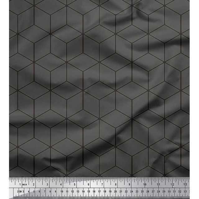 Soimoi Gray Velvet Fabric Maze Cube Geometric Print Sewing Fabric Yard 58 Inch Wide