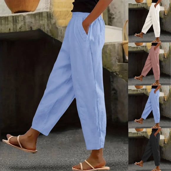Sentmoon Linen Pants Women Petite Solid Color Elastic Waist Women's Clothing Oversized Relaxed Fit Summer Wide Leg Lounge Pants for Women with Pocket Beach for Working Out and Gym