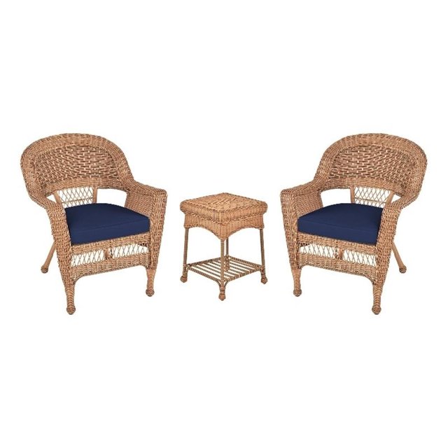 Jeco 3 Piece Resin Wicker Patio Conversation Set in Honey and Blue