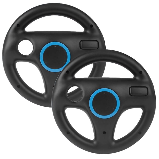 MUEISUERT 2 Pcs Mario Kart Wii Volant Wii, Wii Volant de Course de roue pour Nintendo Wii Jeux et Wii U Jeux de Course en noir. Deux volants en plastique noir avec un design circulaire, accents bleus au centre, et des découpes pour insérer les télécommandes Wii. Compatible avec les Jeux Wii et Wii U comme Mario Kart 8. télécommandes non incluses.