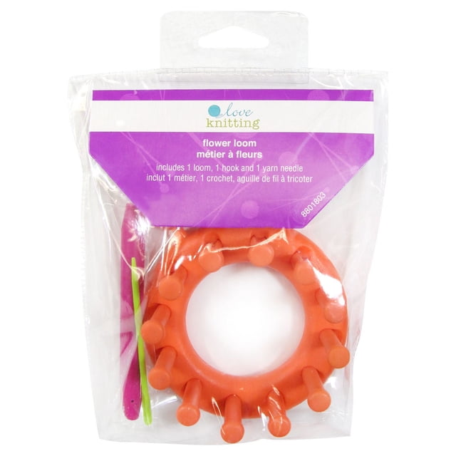 Love Knitting Flower Loom yarn embellishment tool in clear packaging, featuring an orange circular loom with 12 pegs, a purple hook, and a green yarn needle, suitable for creating layered flower textures in knitting and crochet projects.