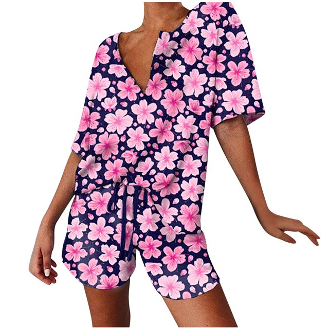 XZNGL Womens Pajamas Set Shorts Womens Spring and Summer Loose Fitting Pajama Short Sleeved V-Neck Pajama Set Drawstring Shorts Set Womens Pajamas Set Summer Pajama Sets for Women Shorts