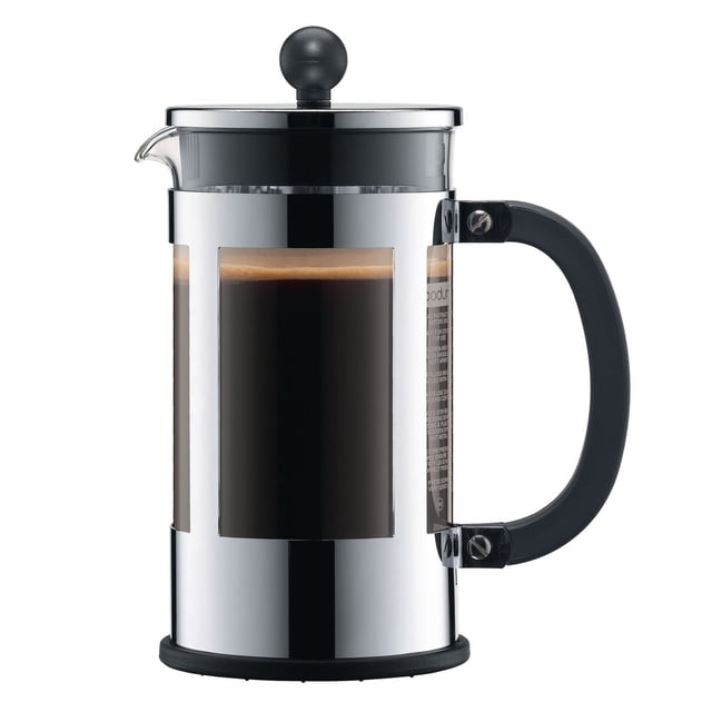 Bodum Kenya French Press Cafetière en Acier Inoxydable avec carafe en Verre Borosilicaté Encastrée dans de l'Acier Inoxydable Poli, Poignée Noire et Bouton de Couvercle, Montrant le Café Infusé à Travers des Fenêtres Rectangulaires, Conçue pour une extraction de Café Riche Sans Filtres en Papier et Compatible Lave-Vaisselle.