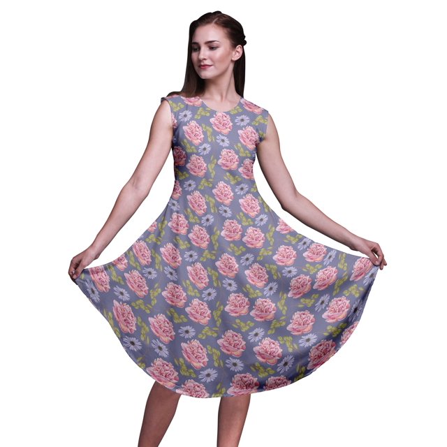 Bimba Robe d'Été Sans Manches à Col Rond pour Femmes, Imprimée Florale Oeillet Violet et Marguerite, Tenue Décontractée-Xxx-Grand