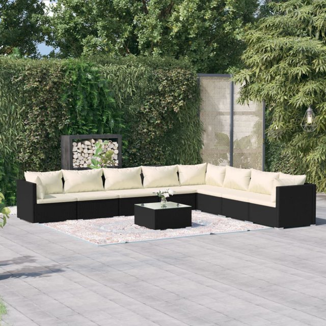 vidaXL 9 Piece Garden Lounge Set with Cushions Poly Rattan Black