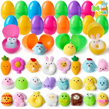 JOYFY 24 Pack Prefilled Easter Eggs with Toys,Mochi Squishy Small Toys for Easter Eggs,Stuffed Easter Baskets for Toddler Kids