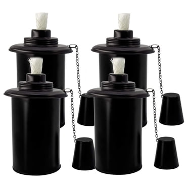 4 Pack Outdoor Torch Canisters with Wicks & Covers - 12oz Refillable Fuel Tanks for TIKI Torches, DIY Garden & Party Decoration, 5-Hour Burn Time, Includes 4 Fiberglass Wicks