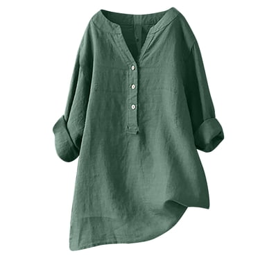 Womens V-Neck Long Sleeve Loose Button Cotton And Linen Tunic Shirts Summer Shirts Blouse