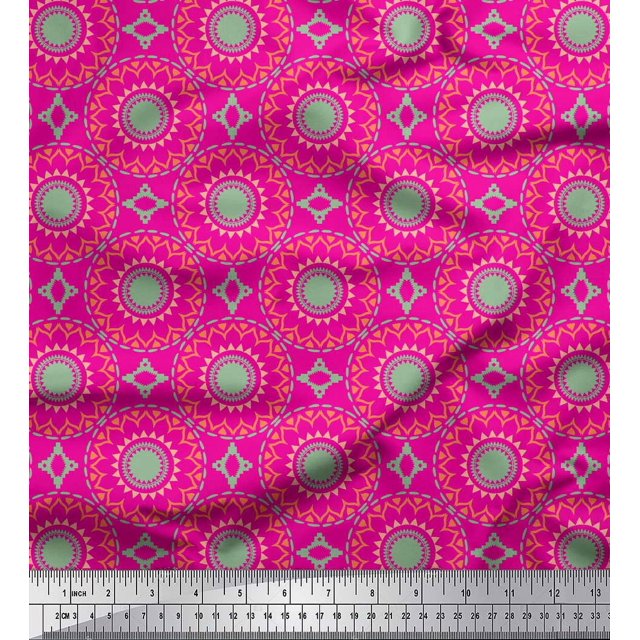 Soimoi Pink polyester Crepe Fabric Mandala Geometric Print Sewing Fabric Yard 52 Inch Wide