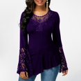 thumbnail image 1 of Women's Long-Sleeved Lace Stitching Shirts Round Neck Irregular Blouses Tops, 1 of 1