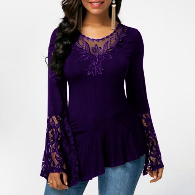 Women's Long-Sleeved Lace Stitching Shirts Round Neck Irregular Blouses Tops
