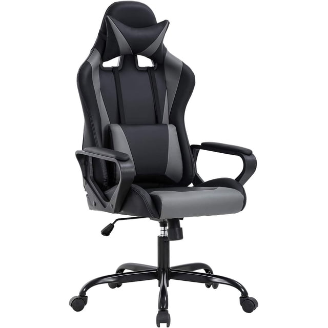 BestOffice Ergonomic Office Chair, High-Back White, Lumbar Support PC PU Task Ergonomic Executive Swivel for Back Pain Women, Men. This grey gaming chair features a high-back design with thick cushioning for maximum comfort. It is upholstered in durable PU leather and includes adjustable lumbar support and a headrest pillow for ergonomic spine and neck protection. The chair is equipped with a BIFMA-certified heavy-duty metal base, a swivel mechanism, and adjustable height for customizable positioning. Ideal for office work, gaming, or extended computer use.