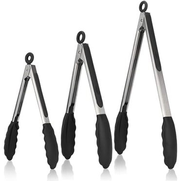 480°F Heat Resistant Kitchen Tongs: U-Taste 7/9/12 inch Silicone Cooking Tong Set with Non Stick Rubber Tips and Silicon Coated 18/8 Stainless Steel Handle for Serving Grilling Salad(Black)