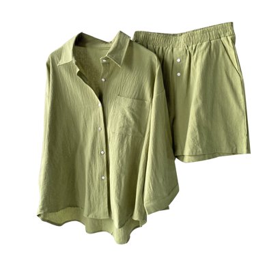 Yuyuzo Short Sets for Women Cotton Linen Long Sleeve Button down Shirts Shorts Matching Lounge Sets