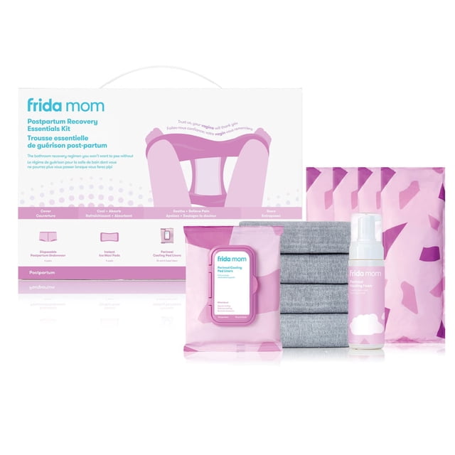 Frida Mom - Women, Newborn Baby - Postpartum Recovery Essentials Kit with disposable postpartum underwear, instant ice maxi pads, perineal cooling pad liners, perineal healing foam, and gray toilet-top storage caddy, all in pink and gray packaging arranged in front of the product box showing postpartum bathroom recovery steps for perineal relief.