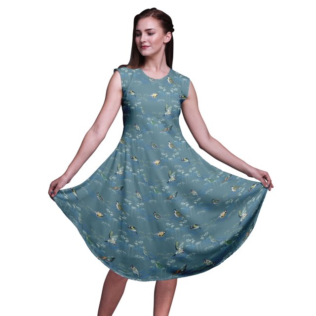 Bimba Robe d'Été Sans Manches à Col Rond pour Femmes, Imprimée de Moineau Vert et de Chardonneret Doré, Tenue Décontractée - Grand