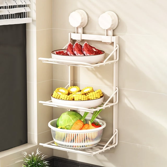 Suction Cup Kitchen Food Preparation Shelves,3 Tier Food Preparation Tray, Multi Layer No Hole Wall Mounted Vegetable Tray Vegetable Preparation Rack
