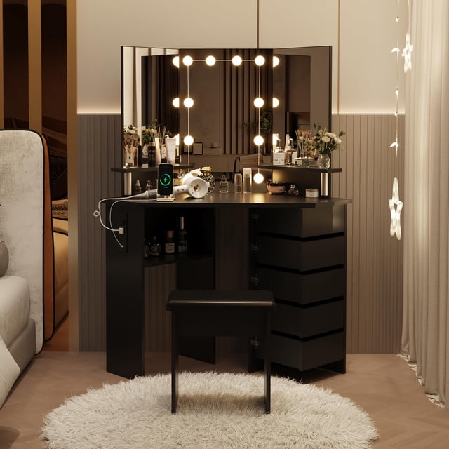 Makeup dressing table with light and power socket, corner dressing table with 5 rotating drawers, 3 colors of lighting, adjustable brightness, shelf and stool, girls' dressing table