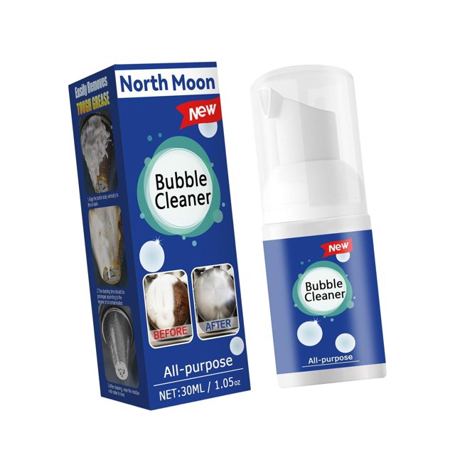 Cleaner Spray Multifunctional, All Purpose Heavy Duty Stain Removing, 30ml foam cleaner for dust and stains. The image shows a 30ml bottle of North Moon Bubble Cleaner with a pump dispenser, alongside its packaging. The packaging highlights its effectiveness in removing tough grease and stains, with before-and-after images of cleaned surfaces. Suitable for cleaning kitchen surfaces, pots, stoves, tiles, and more.