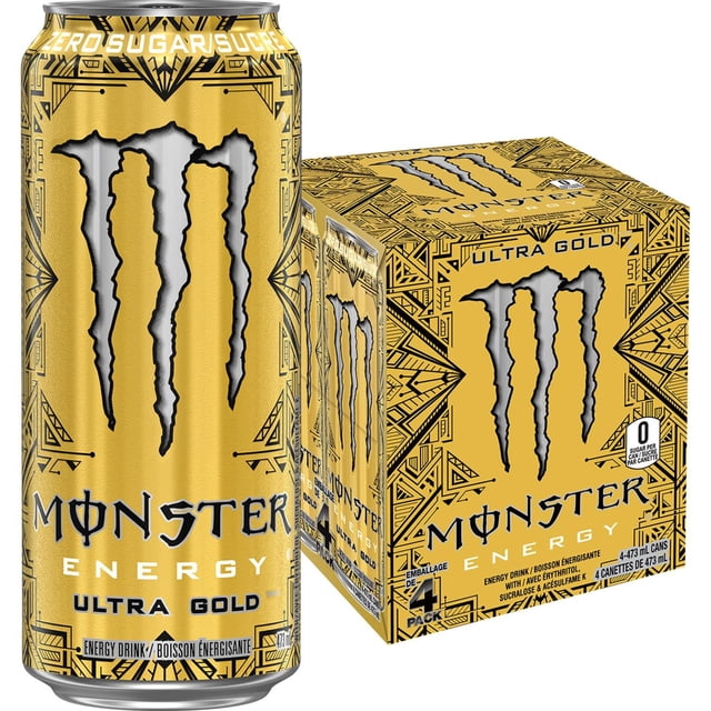 MONSTER ENERGY Ultra Gold 473 ml Lot de 4 avec Canettes Dorées Présentant des Motifs Géométriques Noirs et le logo silver claw, Boisson Énergisante Sans Sucre avec 150 Mg de Caféine et Saveur d'Ananas, Emballée dans une Boîte Assortie.