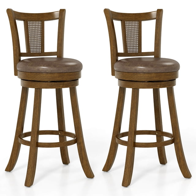 Costway Set of 2 Bar Stools 30" Swivel Bar Chairs featuring a rustic PE rattan backrest, padded leathaire seat, and sturdy rubber wood frame. Each stool includes a 360° swivel seat, ergonomic inclined backrest, and a 10.5" high footrest for added comfort. Designed to support up to 400 lbs, these stools are ideal for kitchen islands, dining rooms, and pubs with bar table heights of 40" to 43". The protective foot pads prevent floor scratches.