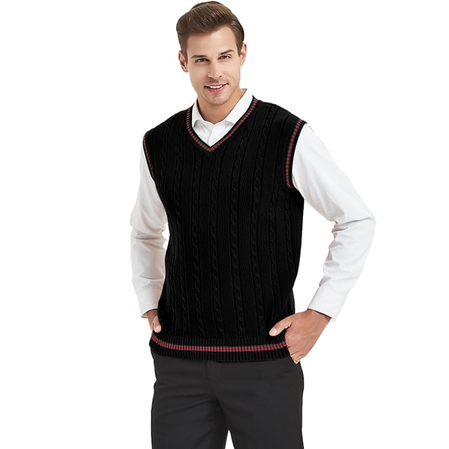 TOPTIE Men's 100% Cotton Knit Sweater Vest, V Neck Cable Pattern