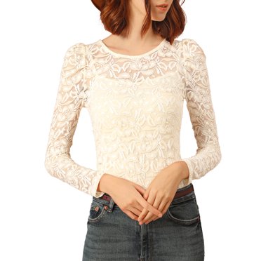 INSPIRE CHIC Women's Tops Puff Long Sleeve Semi Sheer Floral Lace Blouses XS Beige