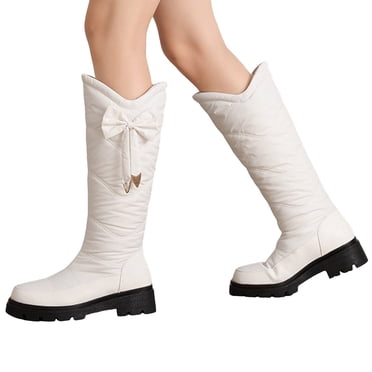 Pandaie Women's Snow Boots Waterproof Winter Knee High Tall Boot Pull on Fleece Lined Wide Calf Outdoor Shoes with Side Bow White 7.5