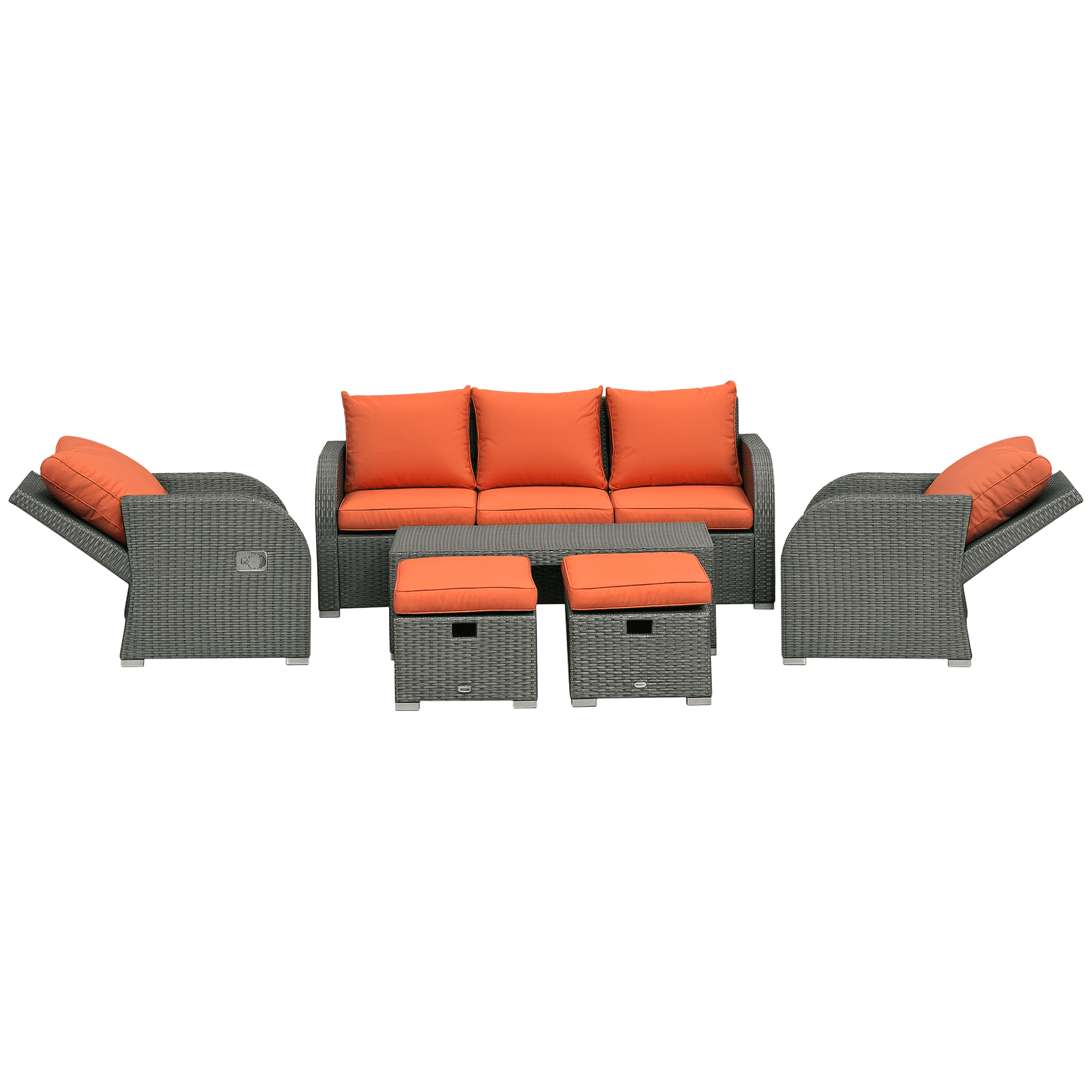 Outsunny Patio Furniture with Cushions, 6 Pieces PE Wicker Patio Sectional Furniture Conversation Set w/ a Three-Seat Sofa, 2 Recliner Chairs, 2 Footstools & Table, Orange